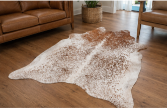 Natural Brown and White Speckled Cowhide Rug, Genuine Hair-on-Hide Area Mat