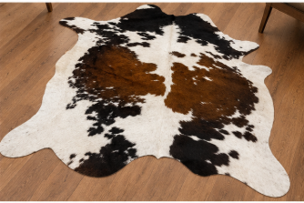 Natural Tricolor Cowhide Rug, Brown, Black, and White Hair-on-Hide Area Rug