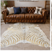 Authentic Gold Stenciled Cowhide Rug - Metallic Printed Leather Area Rug