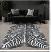 Authentic Black and White Zebra Stenciled Cowhide Rug -  Printed Leather Area Rug