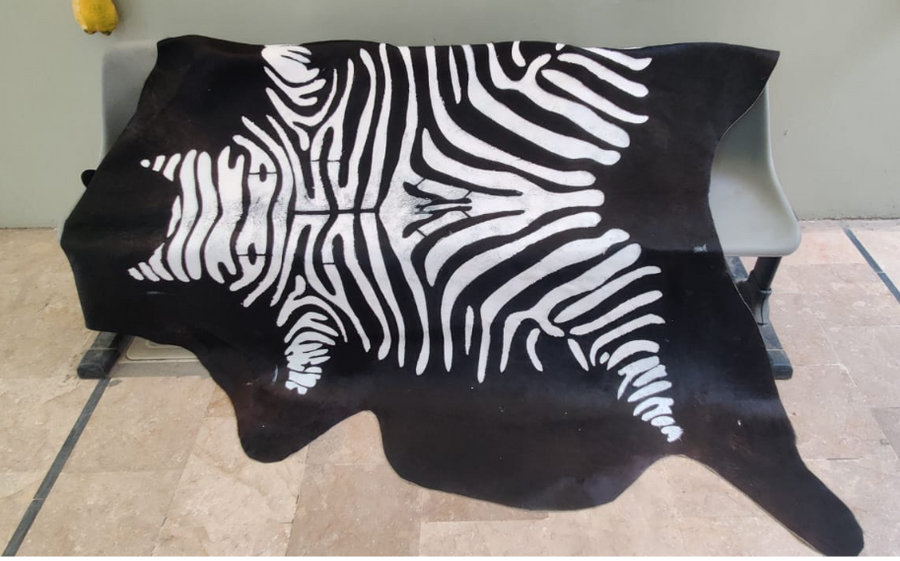 Genuine Zebra Print Cowhide Rug | Black & White Stenciled Cowskin Area Rug | Modern Exotic Leather Floor Carpet for Living Room