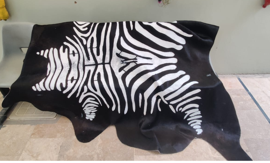 Genuine Zebra Print Cowhide Rug | Black & White Stenciled Cowskin Area Rug | Modern Exotic Leather Floor Carpet for Living Room