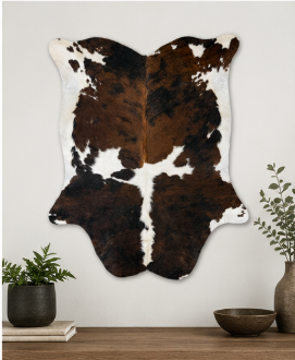Natural Tricolor Cowhide Rug, Rich Brown, Black, and White Hair-on-Hide Area Mat