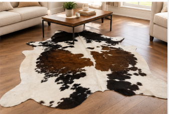 Natural Tricolor Cowhide Rug, Brown, Black, and White Hair-on-Hide Area Rug
