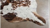 Genuine Tricolor Cognac & Black Speckled Cowhide Rug | Honey Brown & White Cowskin Area Rug | Rustic Modern Western Leather Carpet