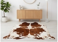 Genuine Chestnut Brown & White Cowhide Rug | Natural Spotted Warm Brown Cowskin Area Rug | Rustic Leather Carpet for Living Room