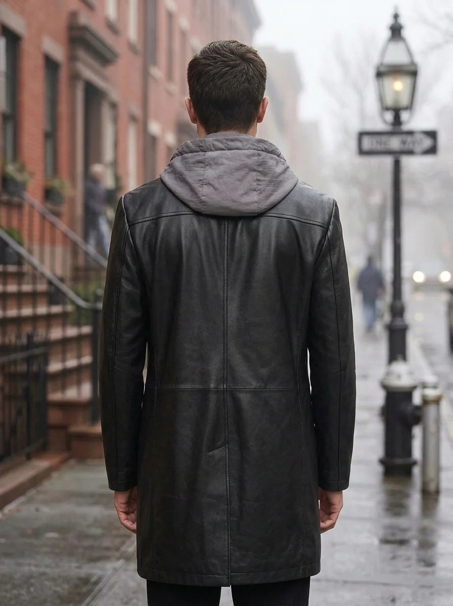 Aaron Men's Black Long Trench Leather Coat With Hood