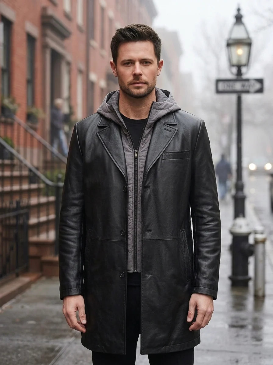 Aaron Men's Black Long Trench Leather Coat With Hood