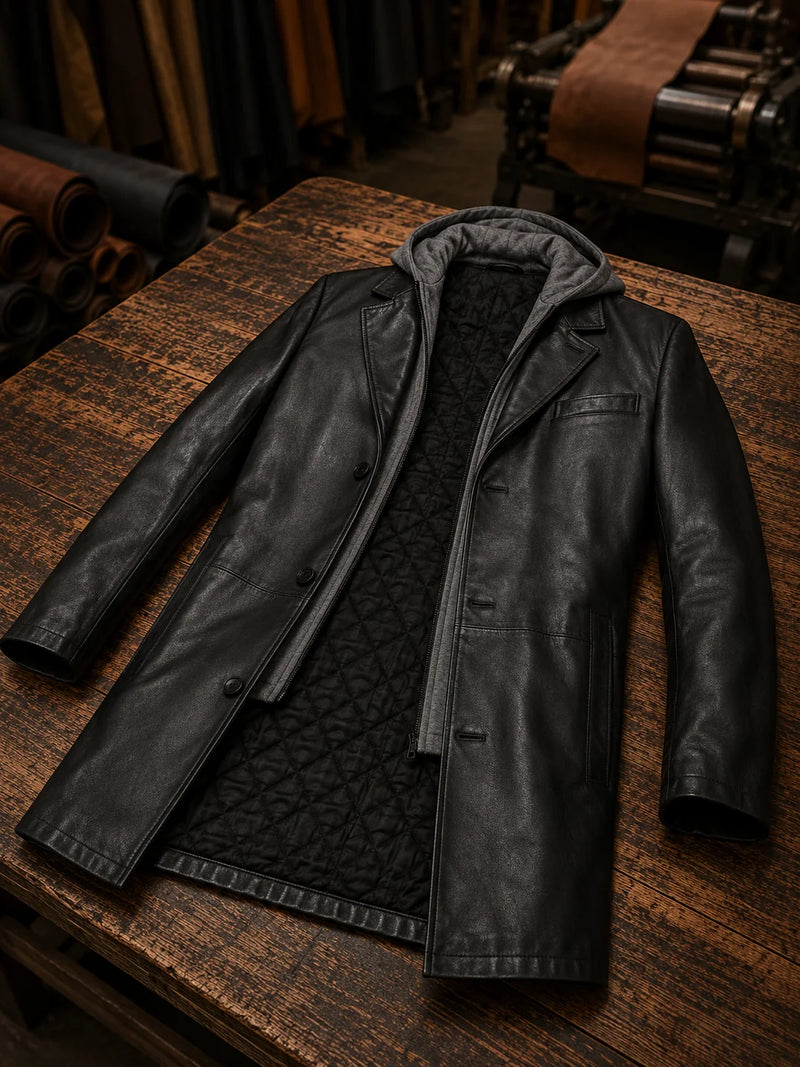 Aaron Men's Black Long Trench Leather Coat With Hood