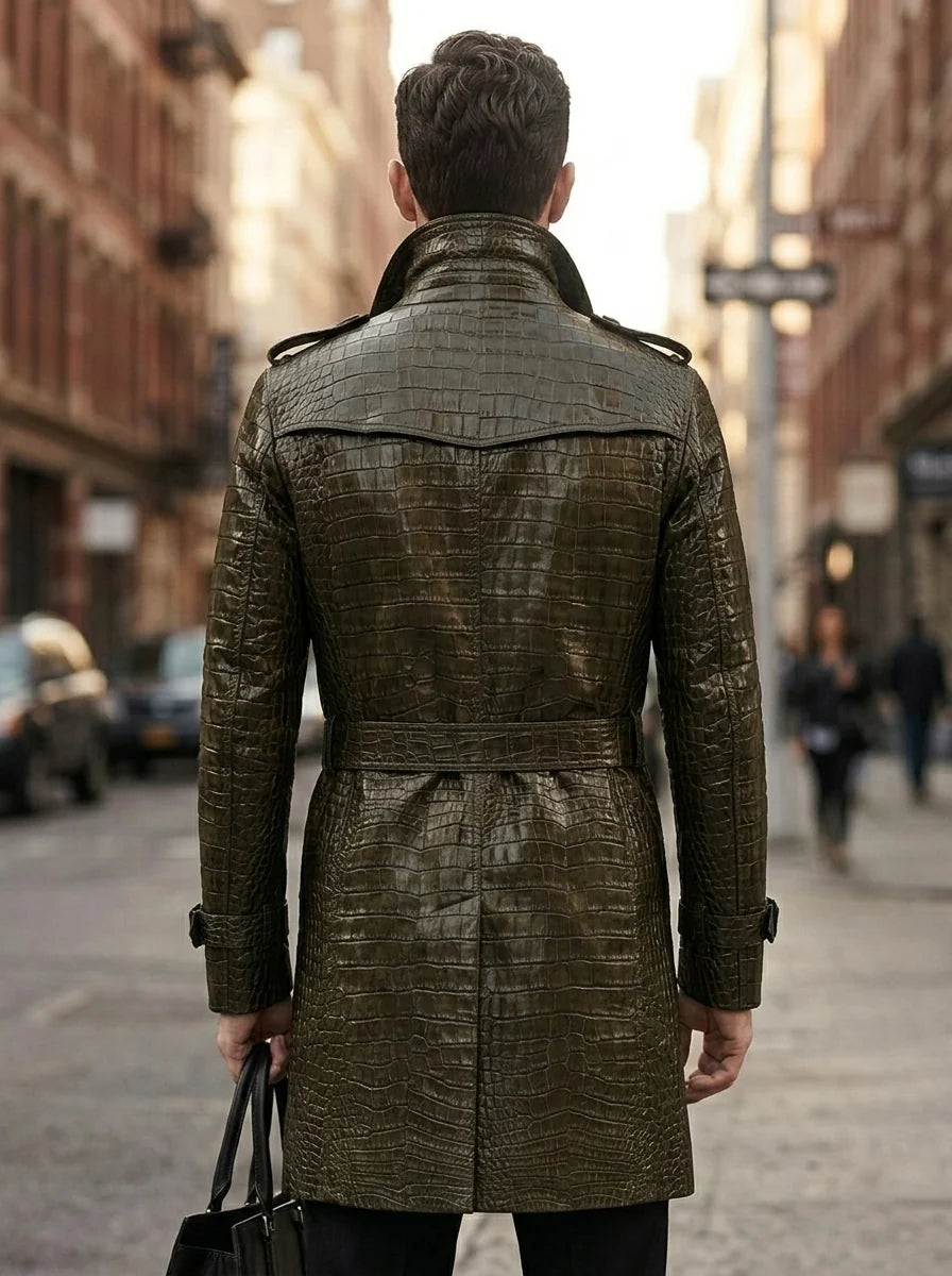 Alligator Skin Leather Men's Trench Coat