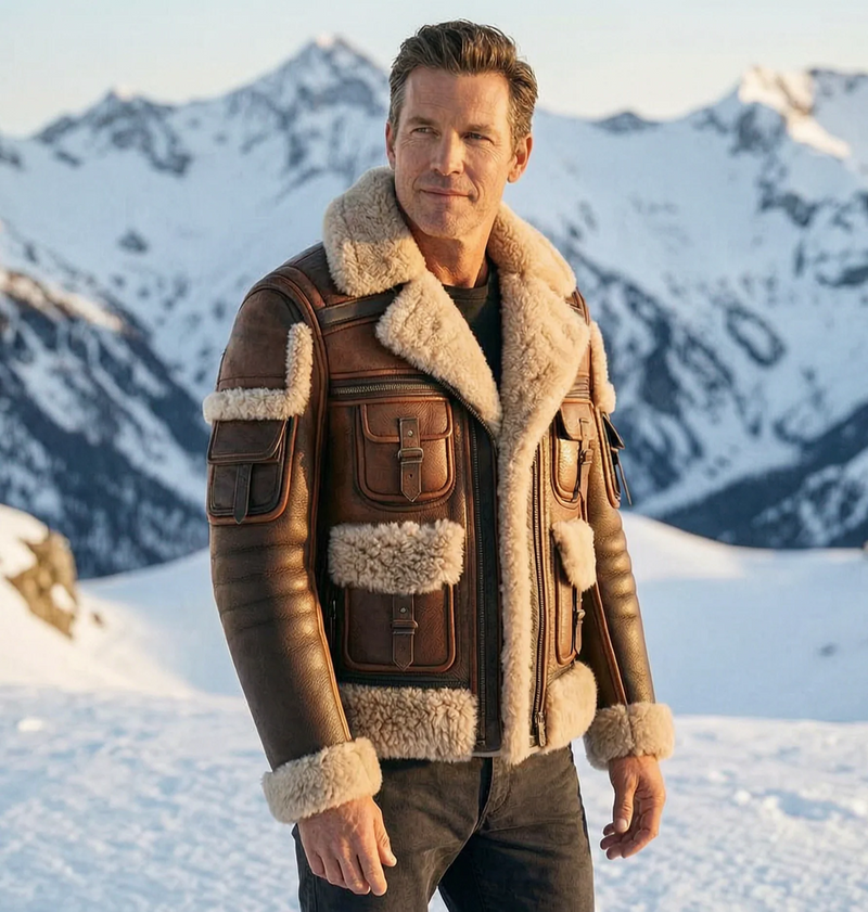 B3 Brown SheepSkin Fur Shearling Leather Jacket For Men