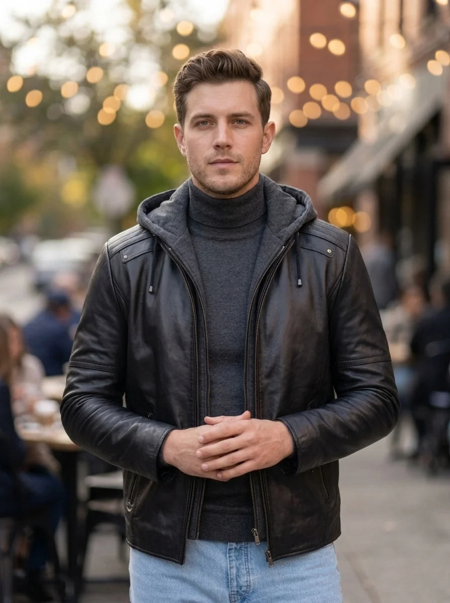 Benjamin Black Hoodie Leather Jacket For Men