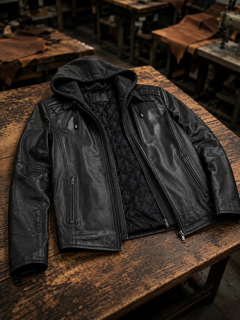 Benjamin Black Hoodie Leather Jacket For Men