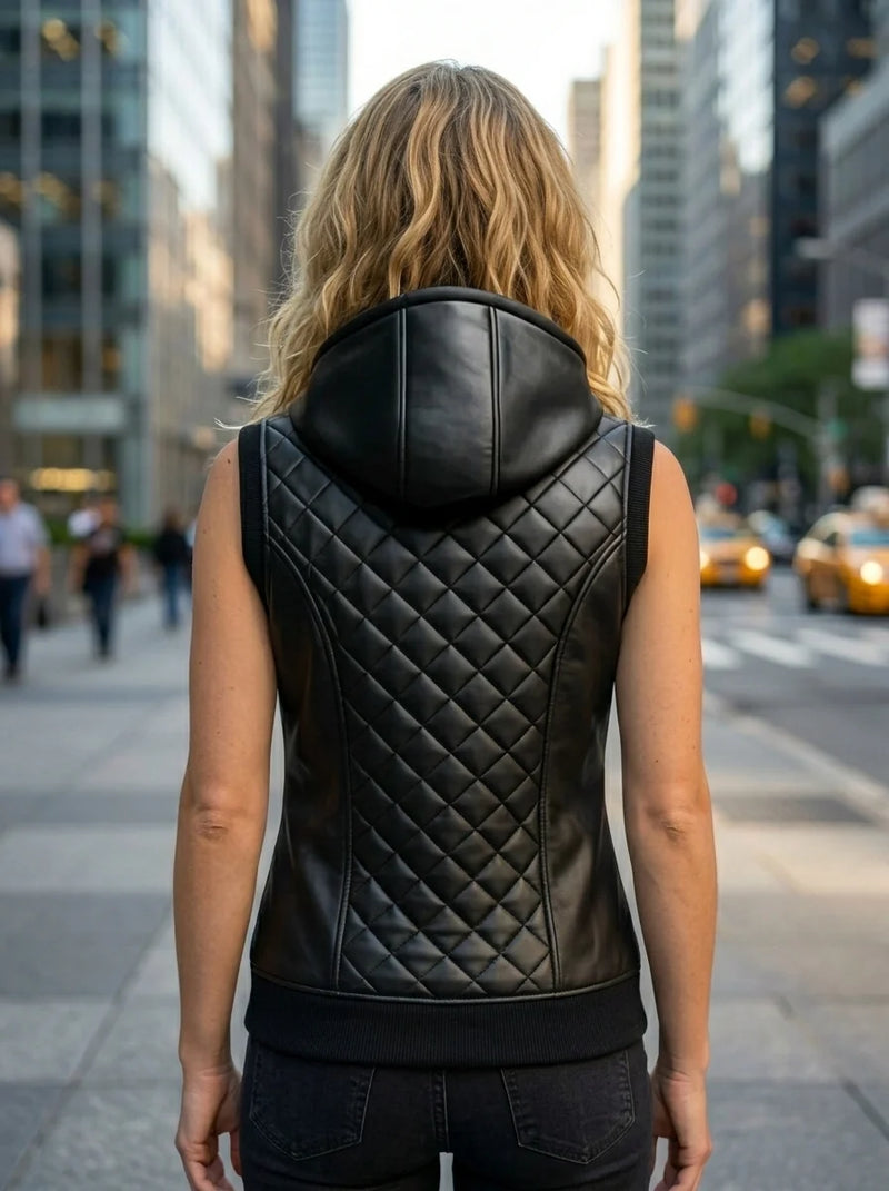 Black Quilted Vest Leather With Hood For Women