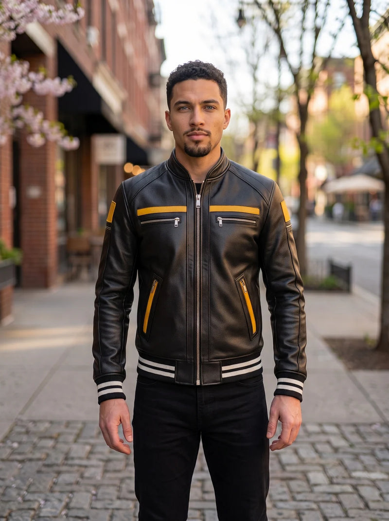 Black Bomber Stylish Leather Jacket For Men