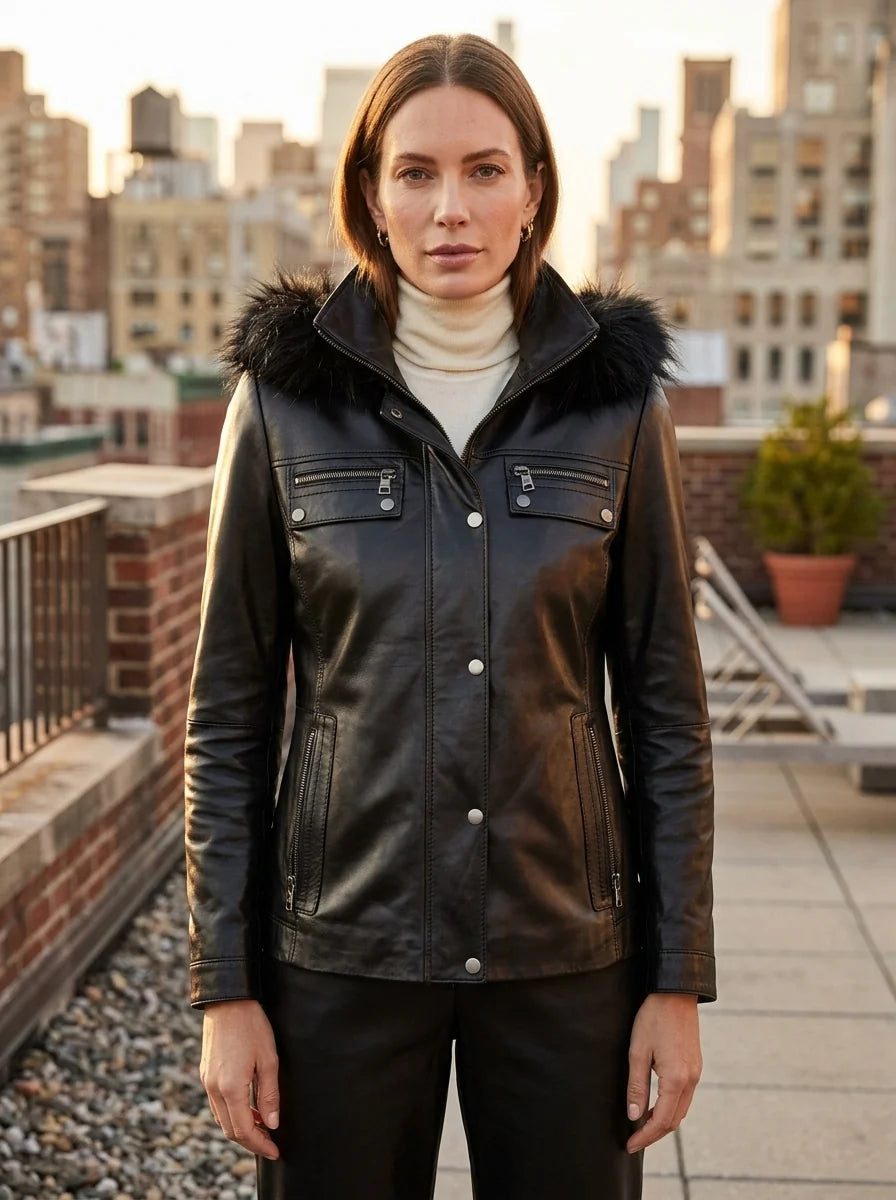 Black Edith Fur Hood Leather Jacket For Women