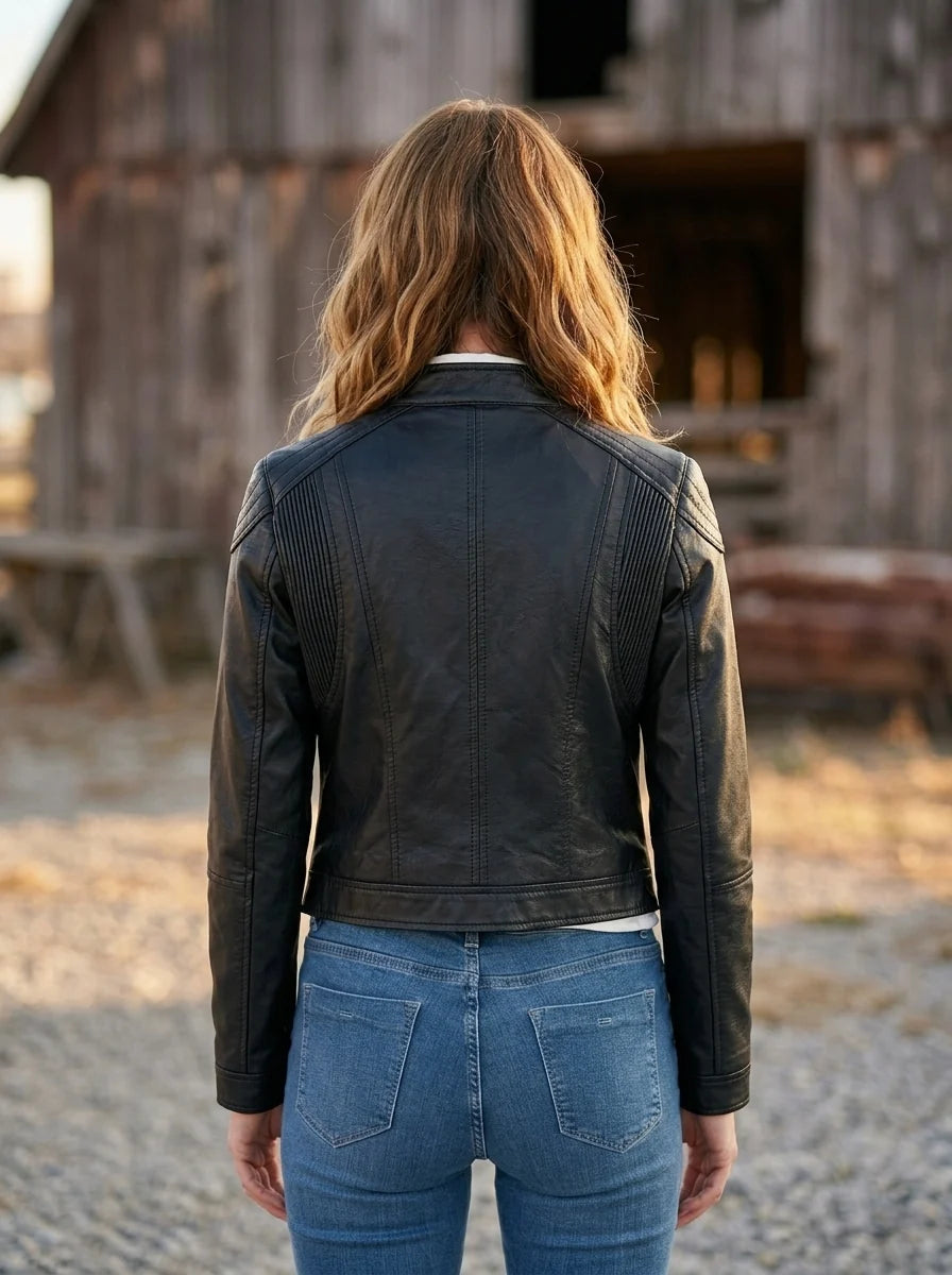 Blue Carol Casual Leather Jacket For Women