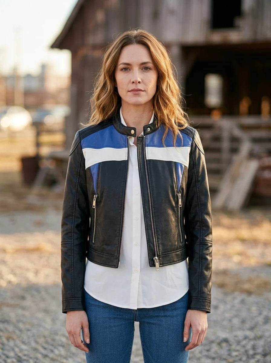 Blue Carol Casual Leather Jacket For Women