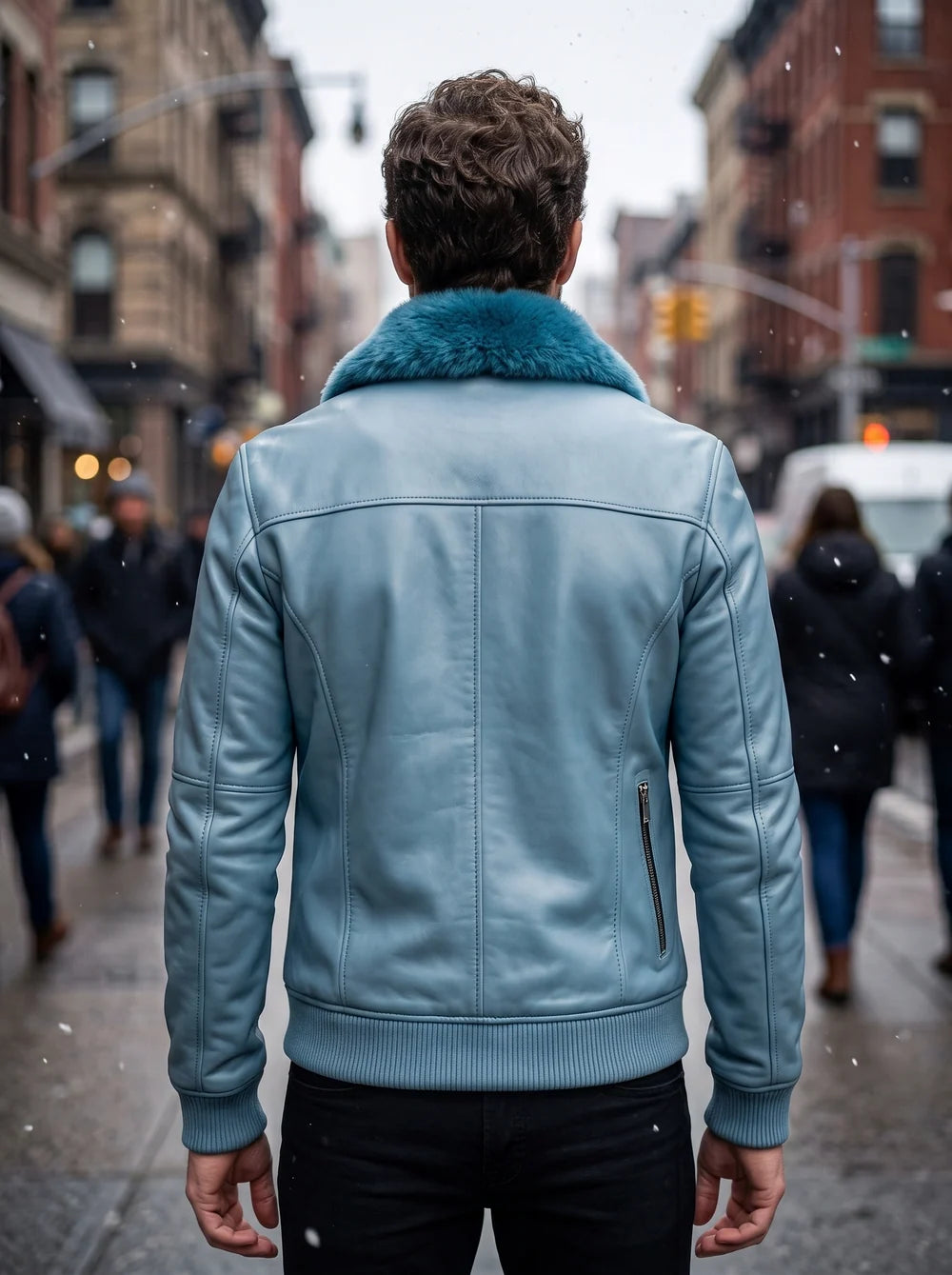Blue Motor Bike Leather Jacket With Fur Collar For Men
