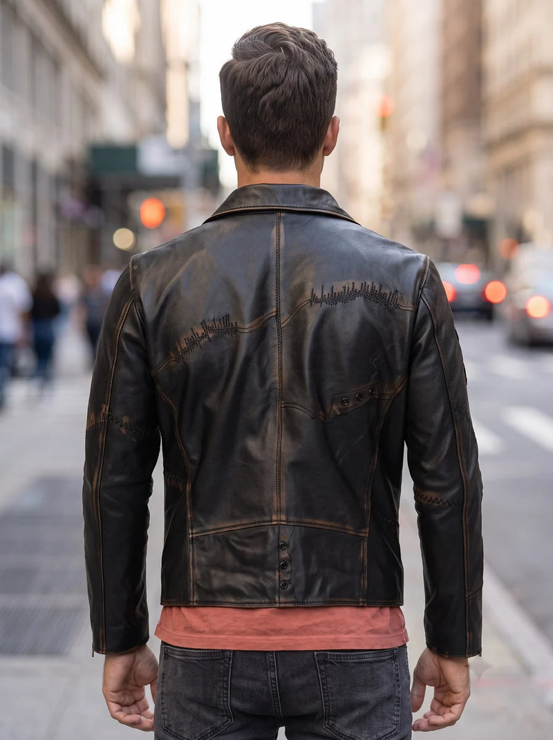Bronze Cobain Black Motor bike Distressed Leather Jacket For Men