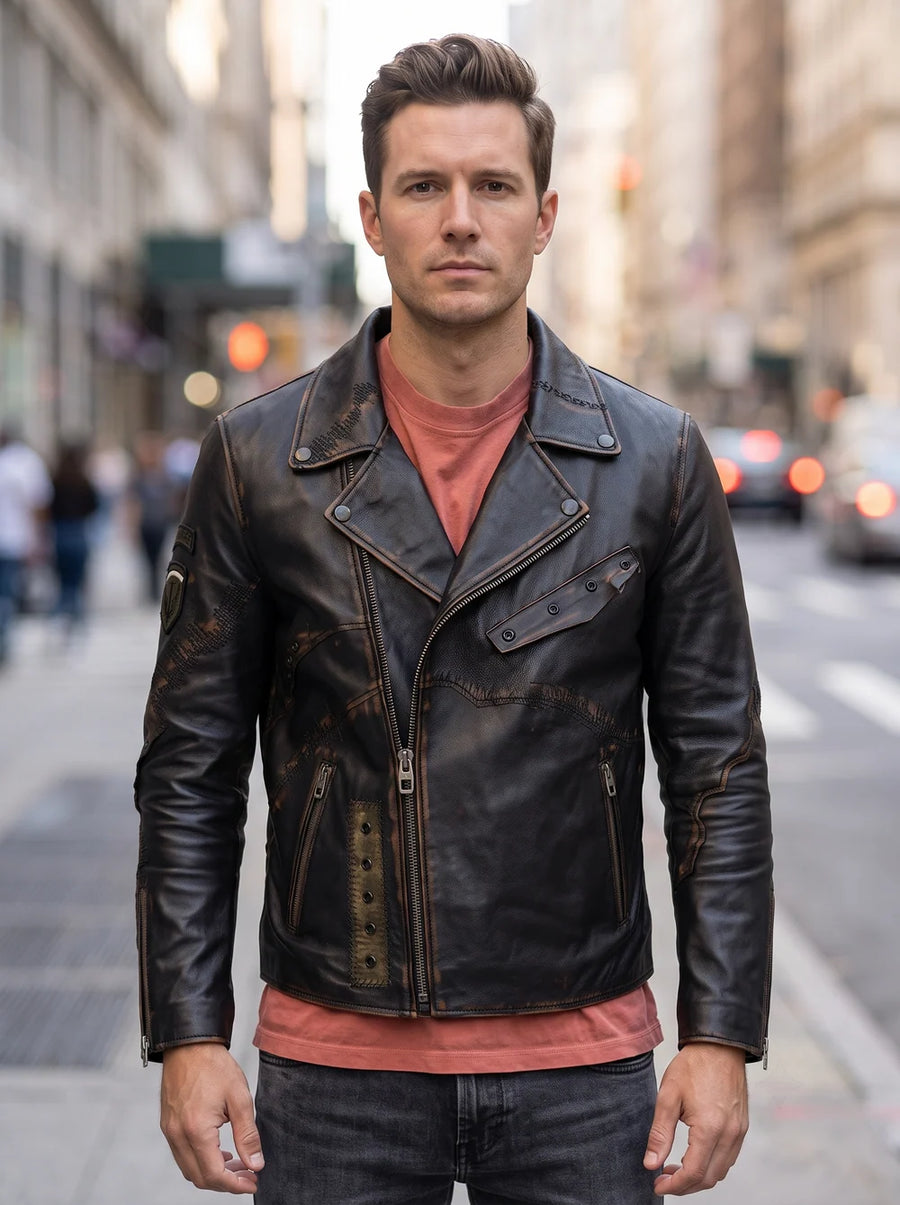 Bronze Cobain Black Motor bike Distressed Leather Jacket For Men
