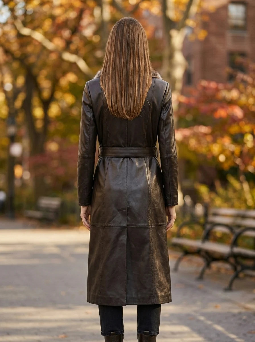 Brown Modena Long Leather Coat With Fur Collar For Women