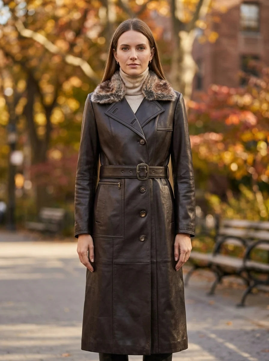 Brown Modena Long Leather Coat With Fur Collar For Women