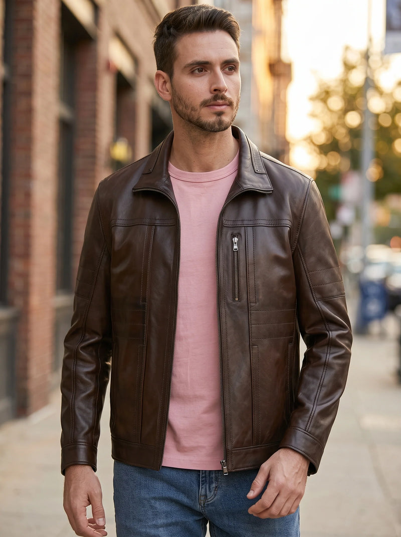 Bruno Cognac Brown Biker Racer Leather Jacket For Men