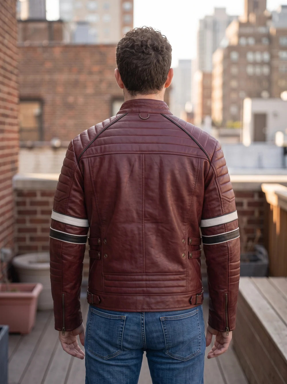 Cafe Racer Dark Red Leather Jacket with Contrast Stripe For Men
