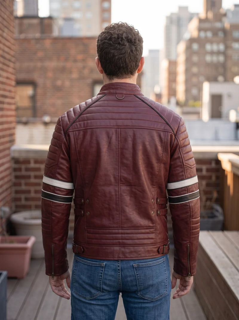 Cafe Racer Dark Red Leather Jacket with Contrast Stripe For Men