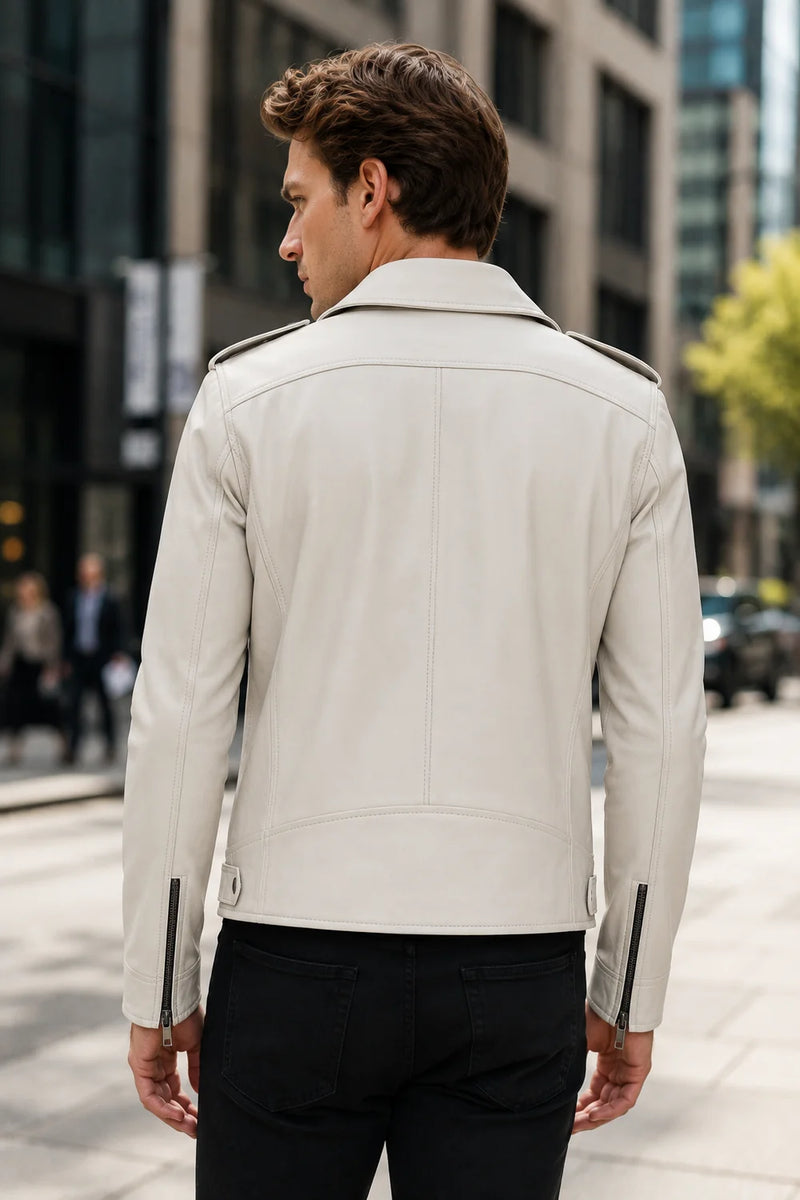 Carter White Beige Biker Leather Jacket For Men