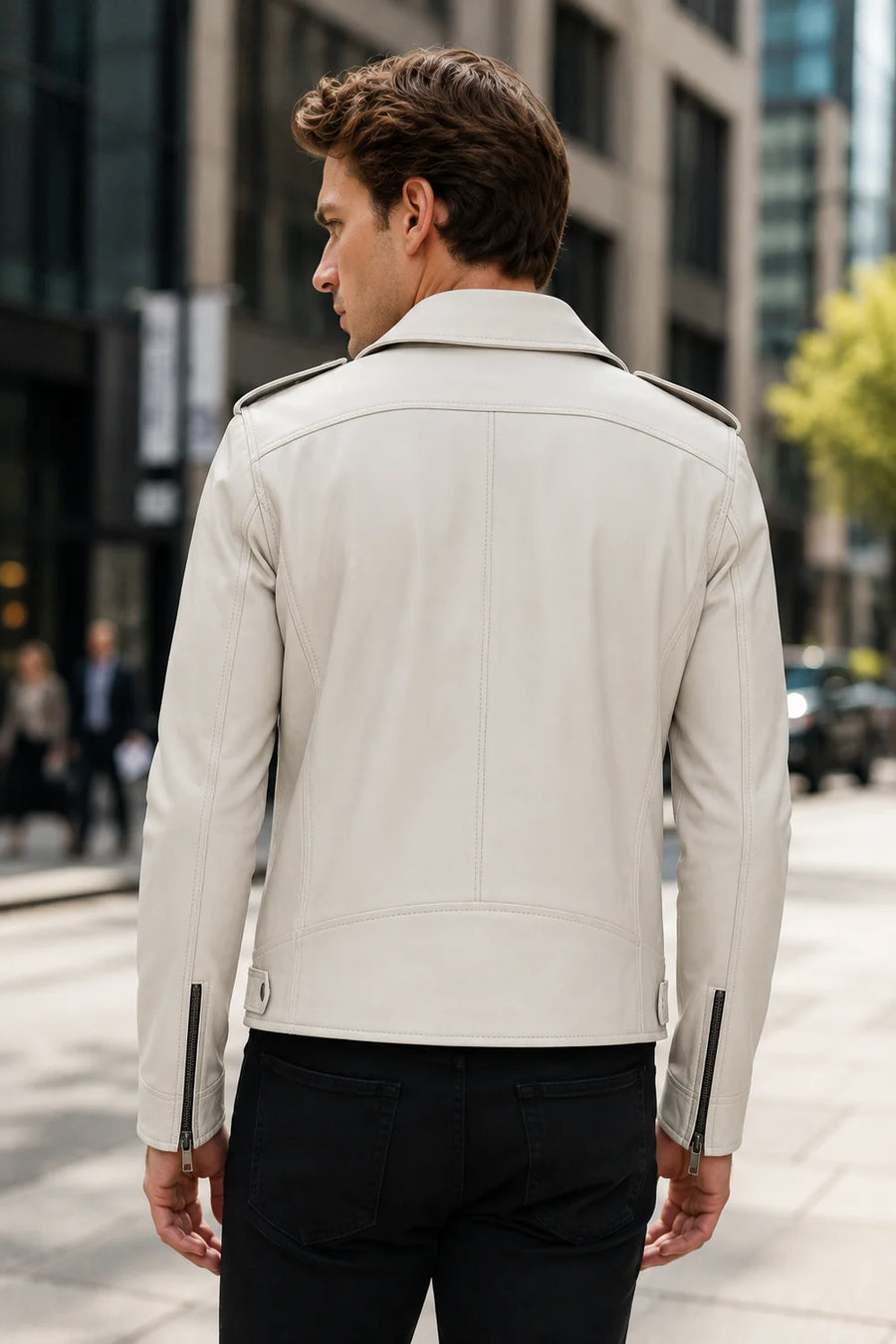 Carter White Beige Biker Leather Jacket For Men