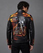 Printed Leather Jacket — Flames & Skull Artwork