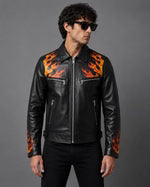 Printed Leather Jacket — Flames & Skull Artwork
