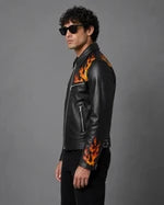 Printed Leather Jacket — Flames & Skull Artwork