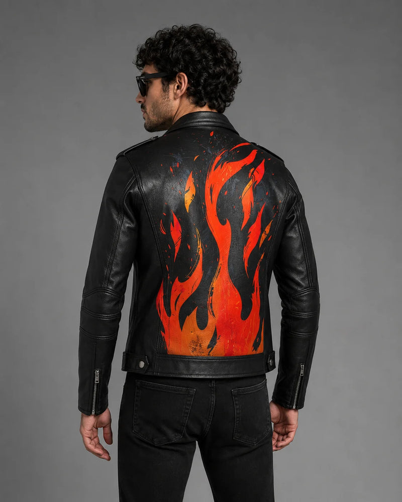 Printed Leather Jacket — Flames Artwork