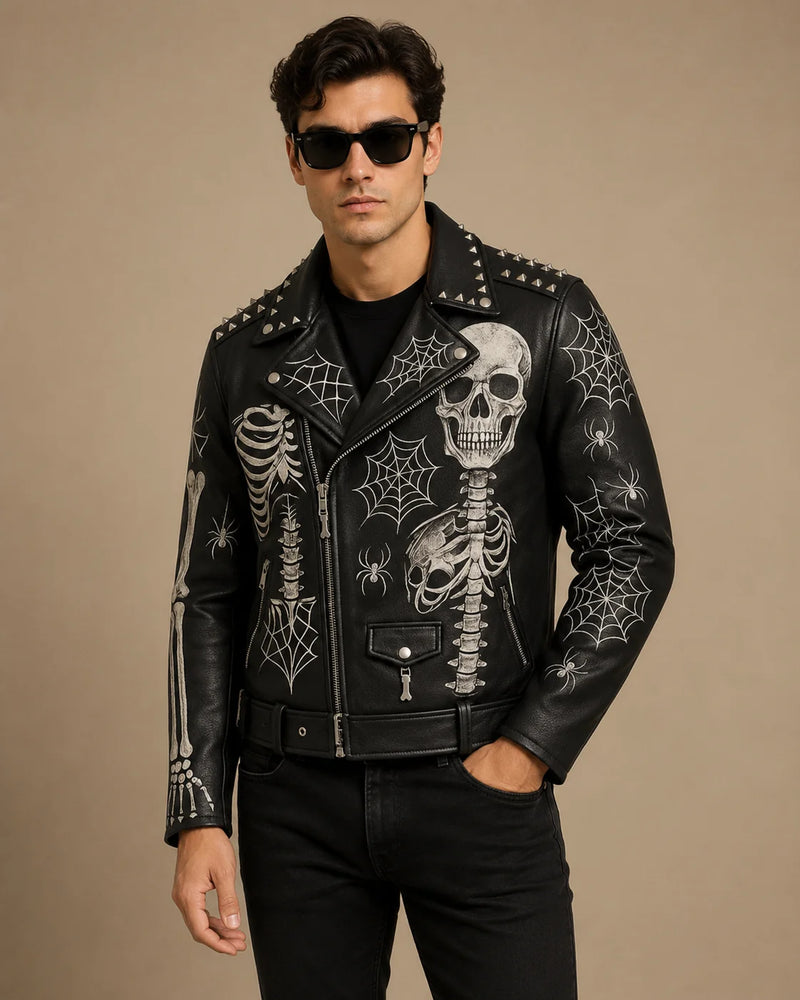 Skull Printed Leather Biker Jacket