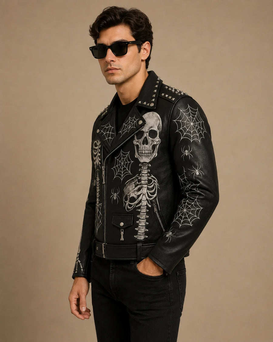 Skull Printed Leather Biker Jacket