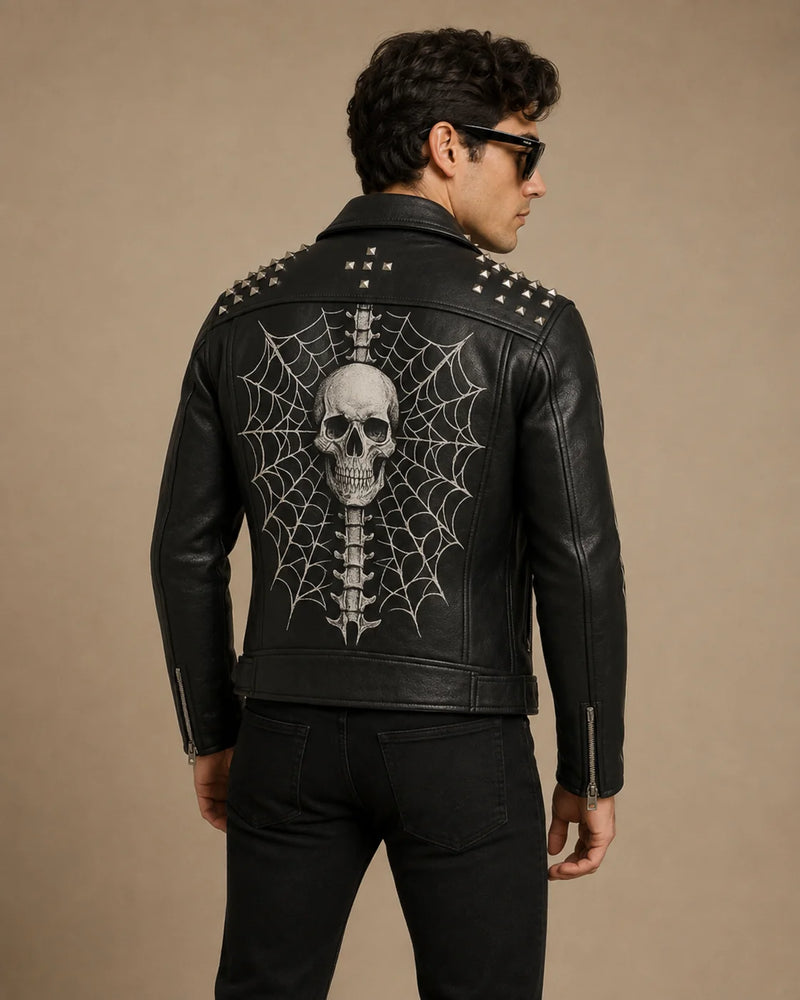 Skull Printed Leather Biker Jacket