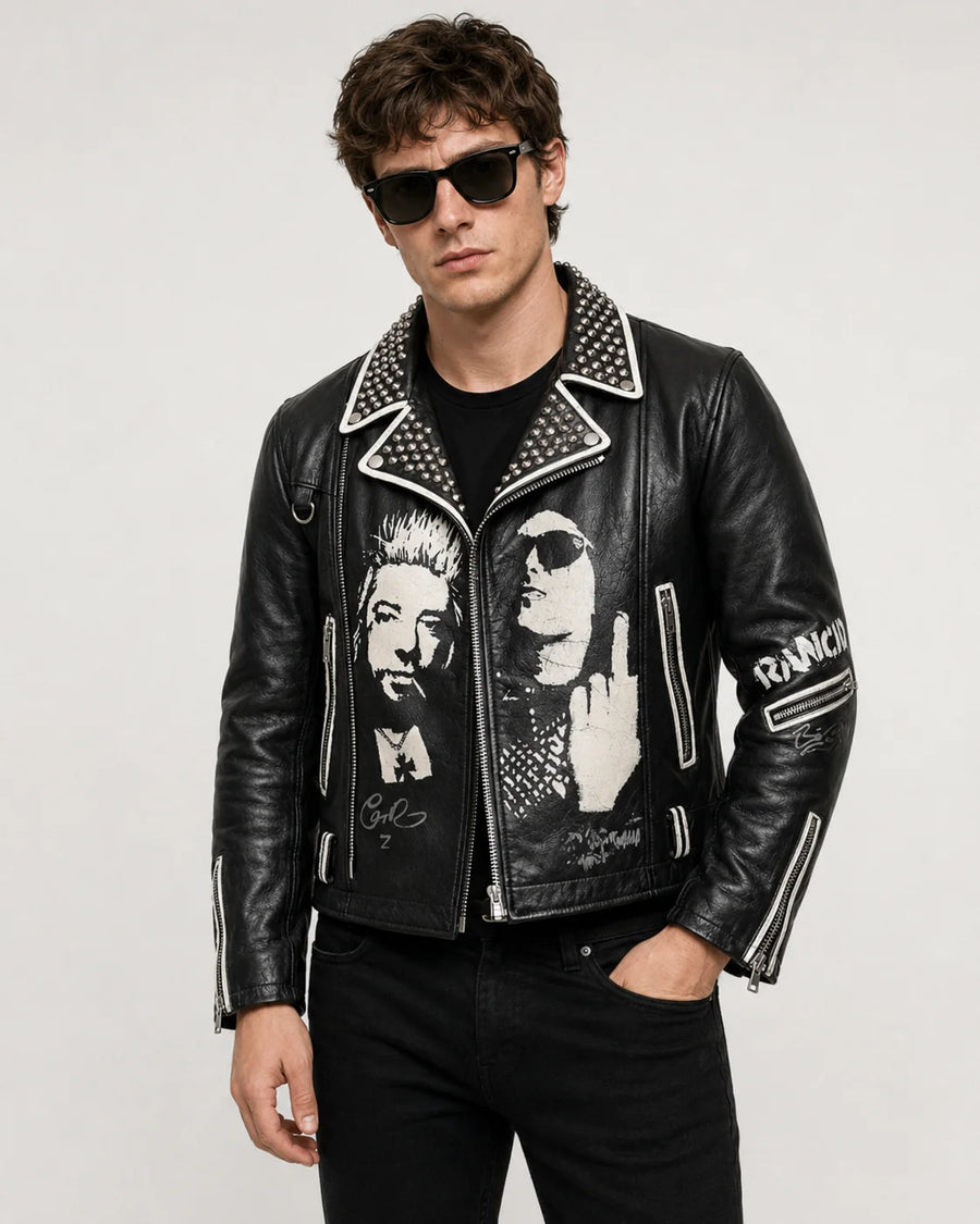 Printed Rancid Studded Punk Leather Jacket