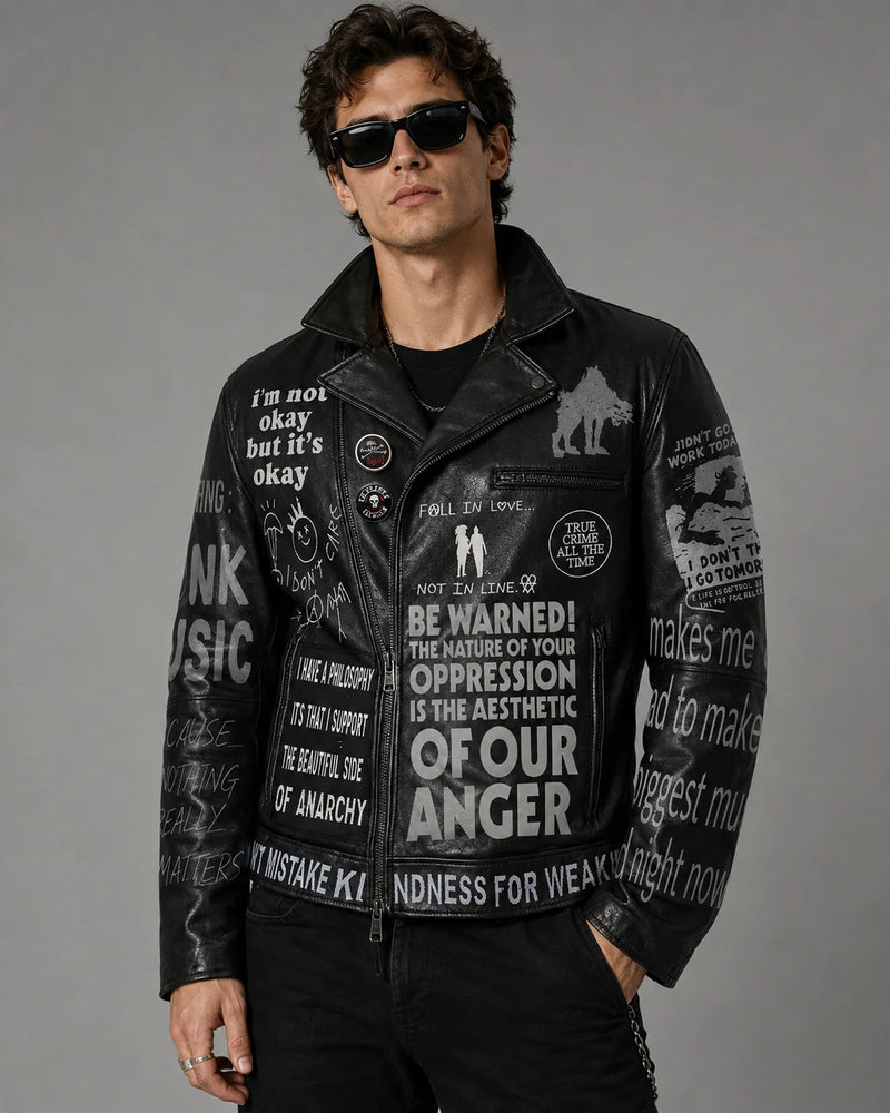 Printed Cowhide Leather Biker Jacket