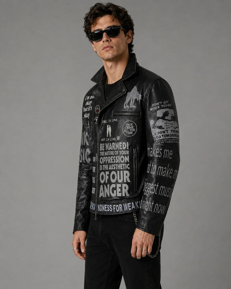 Printed Cowhide Leather Biker Jacket