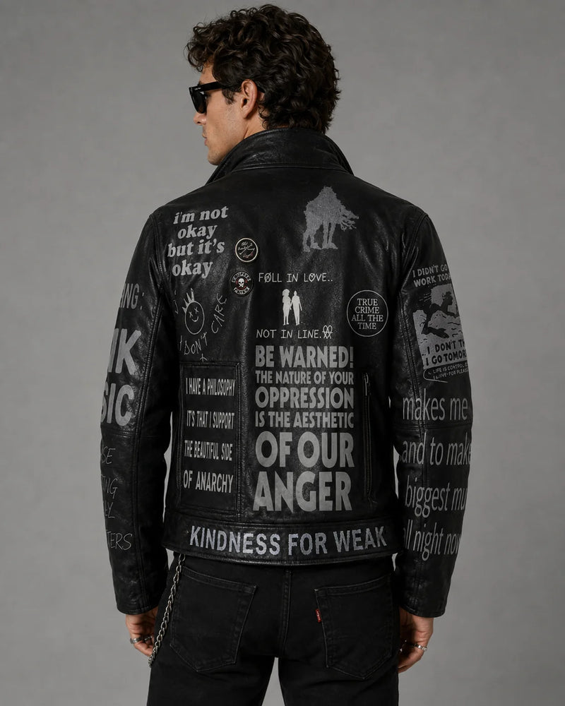 Printed Cowhide Leather Biker Jacket