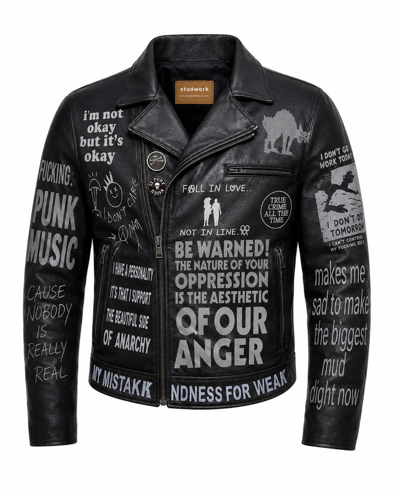 Printed Cowhide Leather Biker Jacket