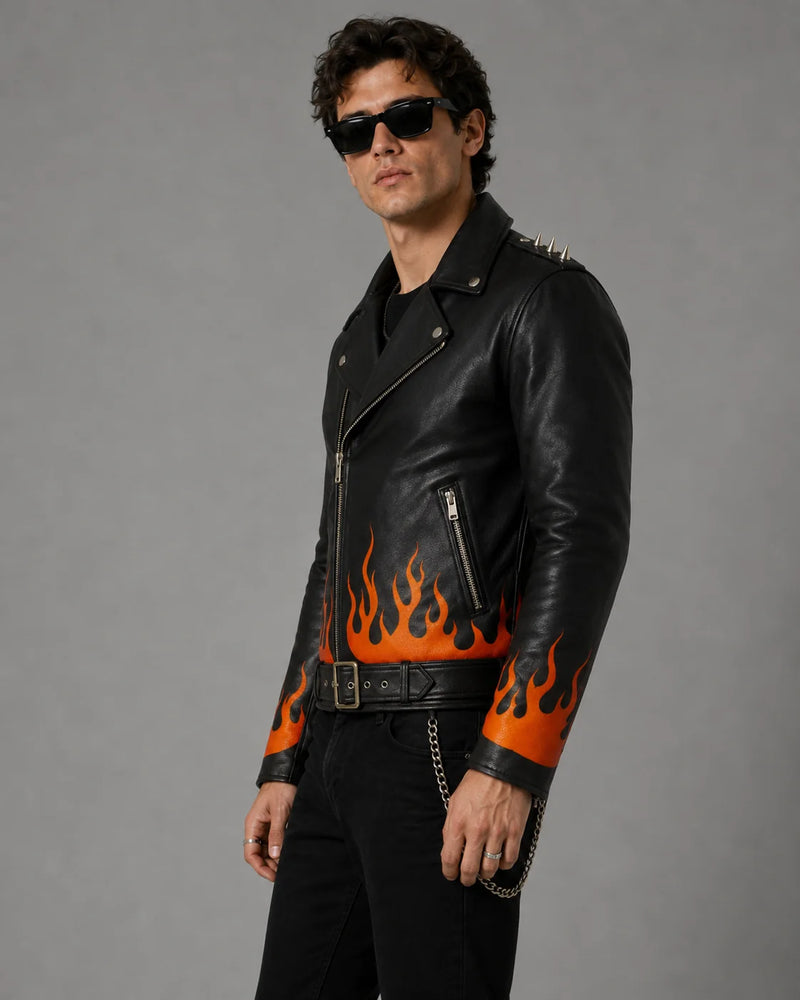 Flame Printed Leather Jacket – Spiked Shoulders