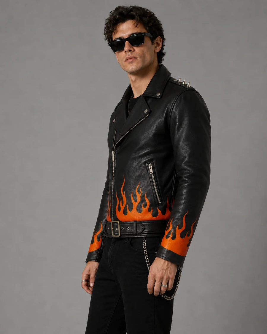 Flame Printed Leather Jacket – Spiked Shoulders