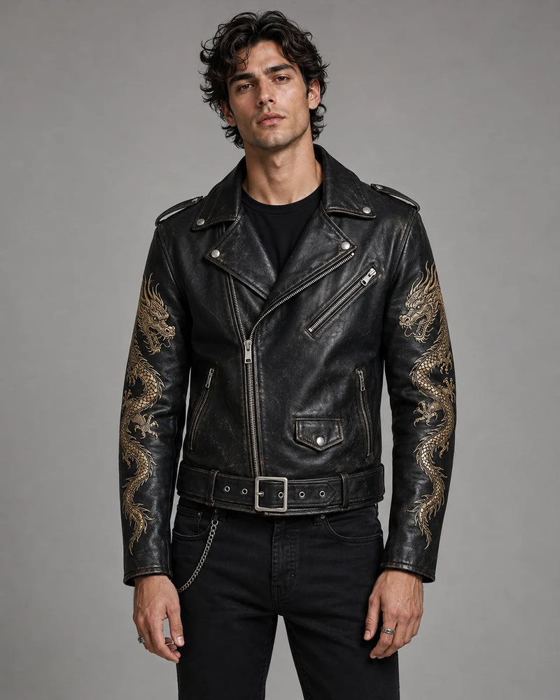 Printed Dragon Leather Jacket Men | Japanese Dragon