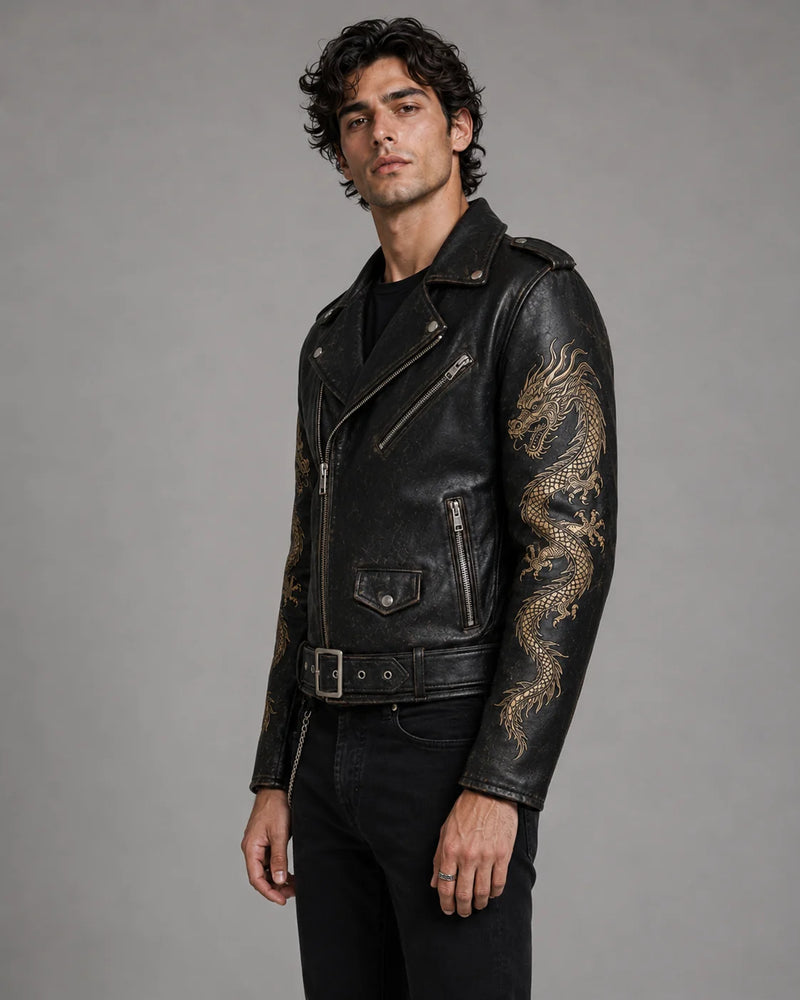 Printed Dragon Leather Jacket Men | Japanese Dragon