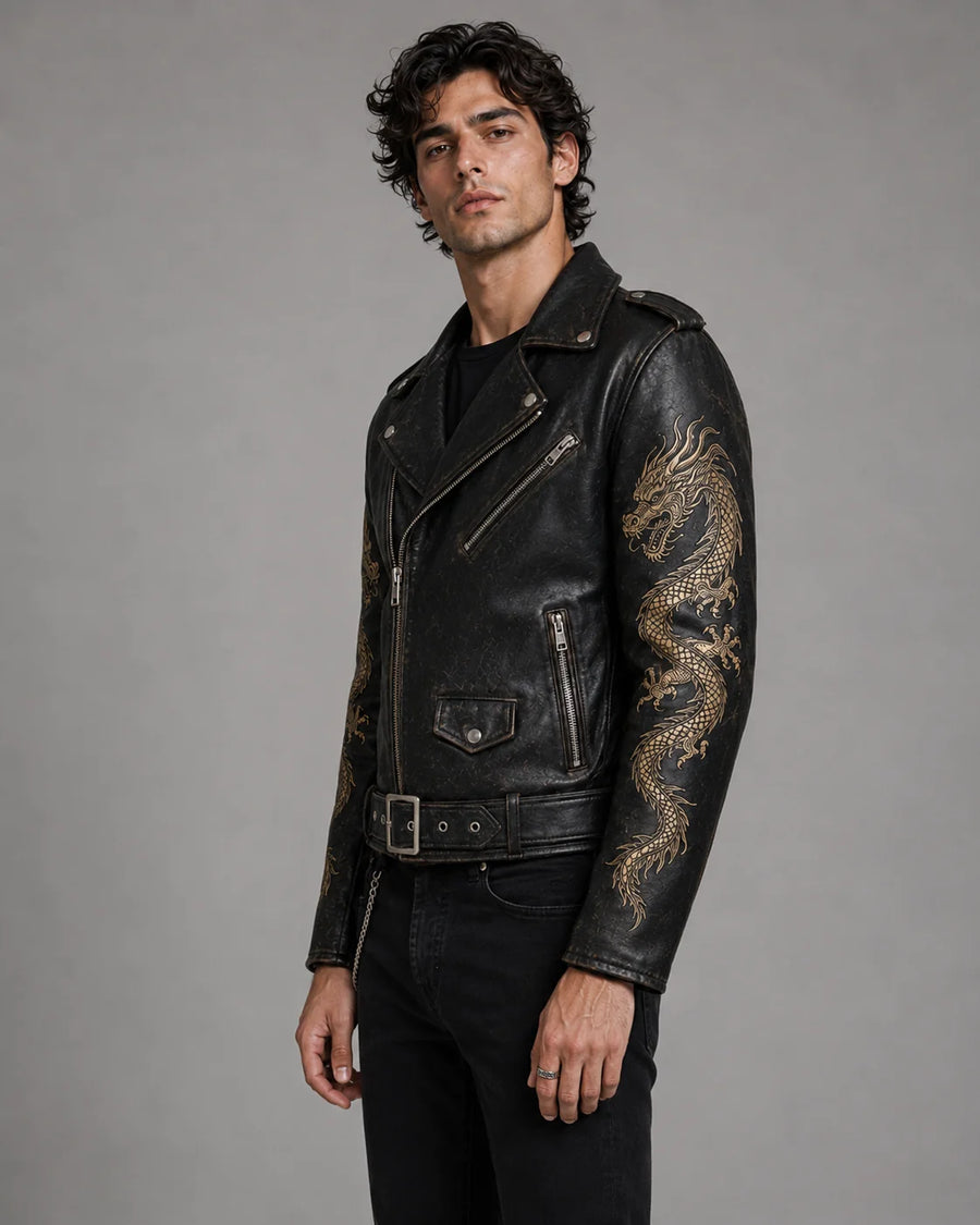 Printed Dragon Leather Jacket Men | Japanese Dragon