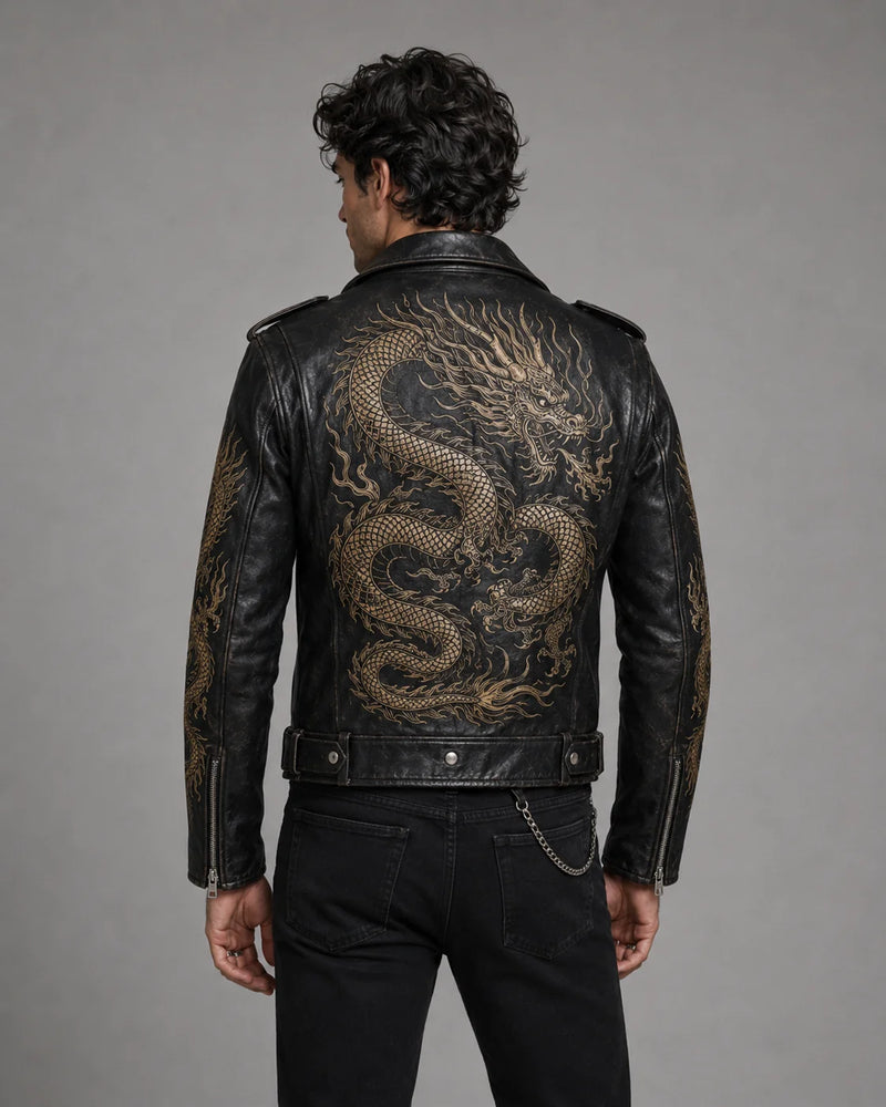 Printed Dragon Leather Jacket Men | Japanese Dragon